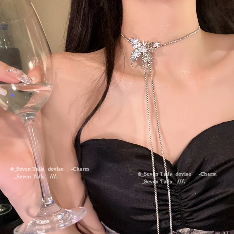 合金项链 抽拉蝴蝶项链女锁骨链潮时尚轻奢小众网红气质百搭颈链
