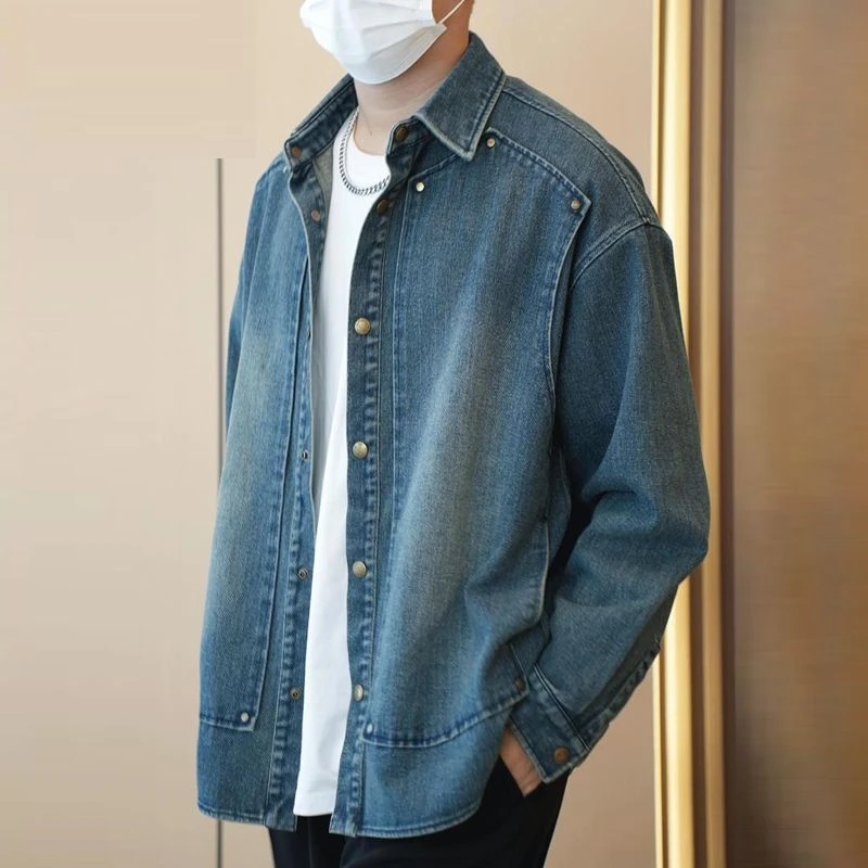 2024春秋季做旧复古柳钉设计百搭翻领水洗牛仔夹克显瘦休闲外套男