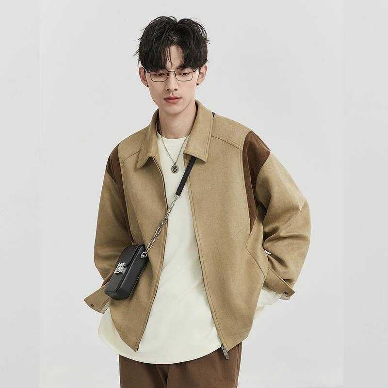 男装撞色拼接设计感夹克外套24春季新款仿麂皮绒短款显瘦休闲上衣