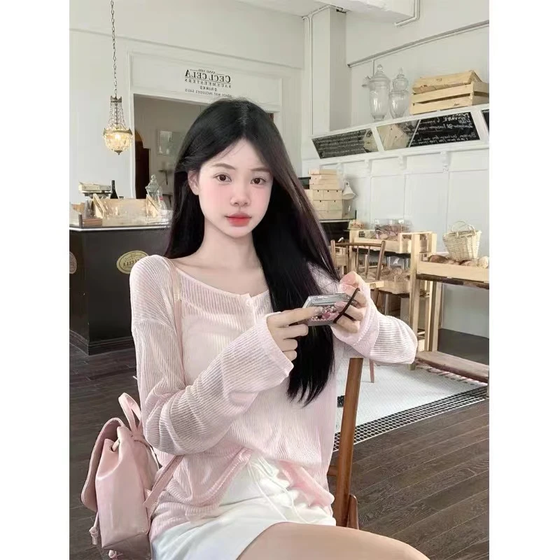 慵懒风纯欲露背系带粉色针织衫女2024新款宽松显瘦防晒罩衫上衣潮