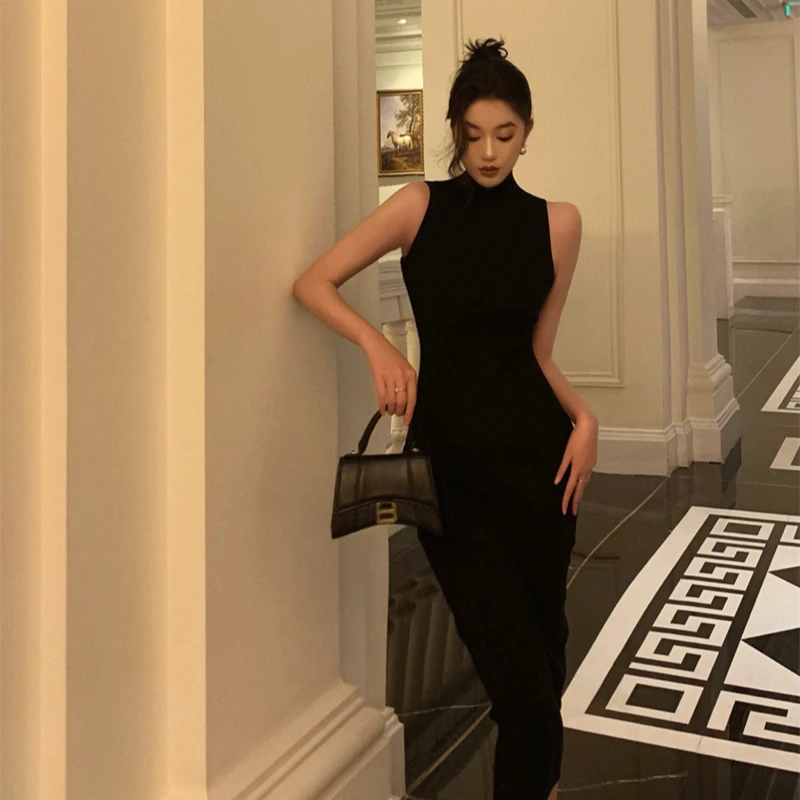 雅丹风复古高领无袖针织连衣裙修身收腰红色黑色包臀裙气质欧美