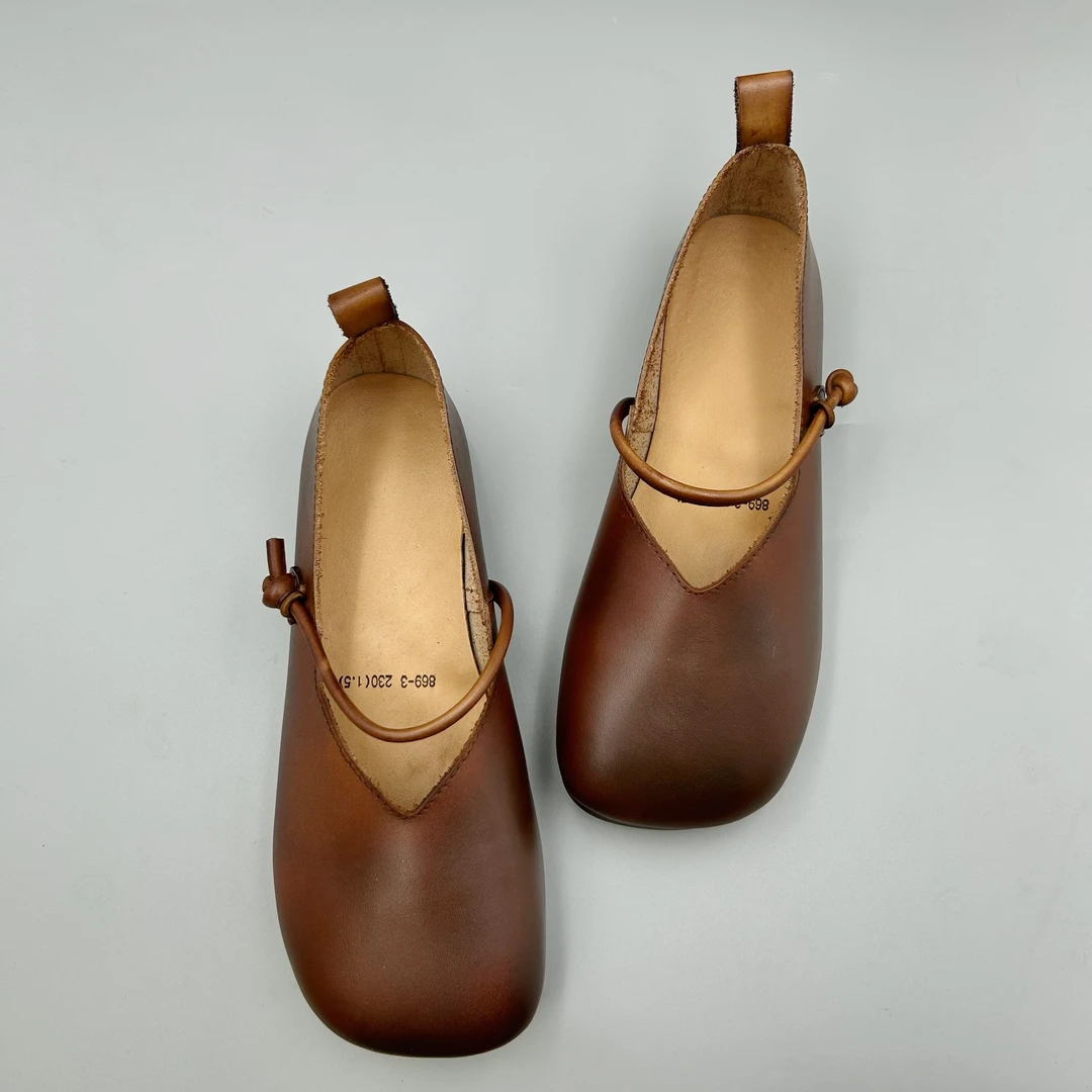 复古手工擦色单鞋女真皮时尚休闲鞋软皮软底舒适女鞋浅口玛丽珍鞋