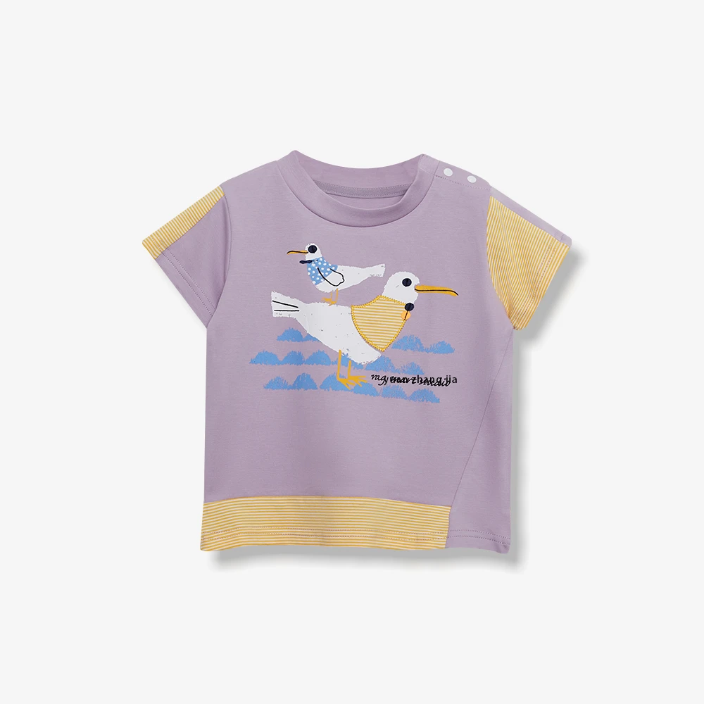 LIURUONAN 【紫色鸽子】童趣印花贴布刺绣T恤拼接条纹夏季萌娃穿搭