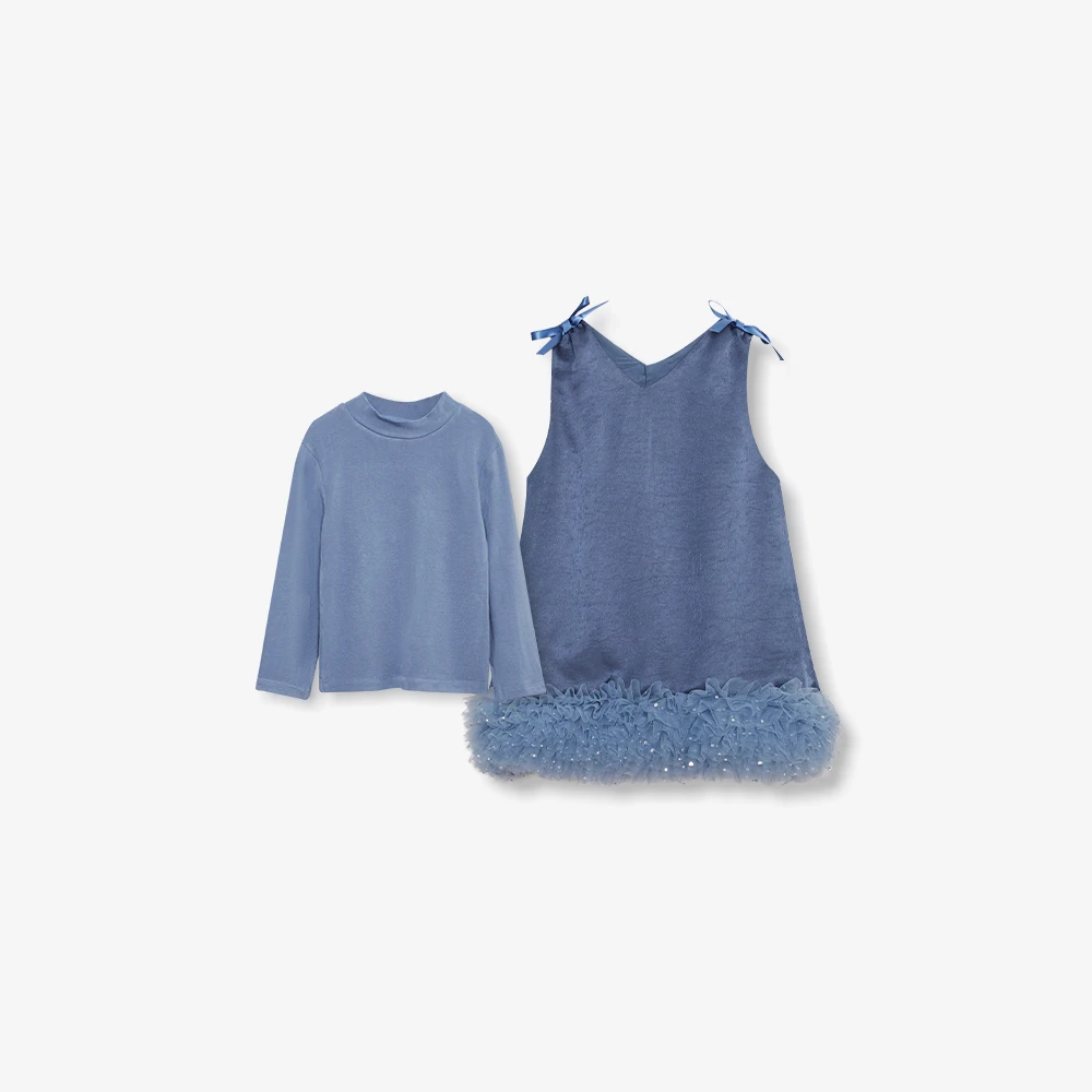 LIURUONAN 女宝蓝色小半高领打底+背心V领连衣裙拼接缎面纱裙