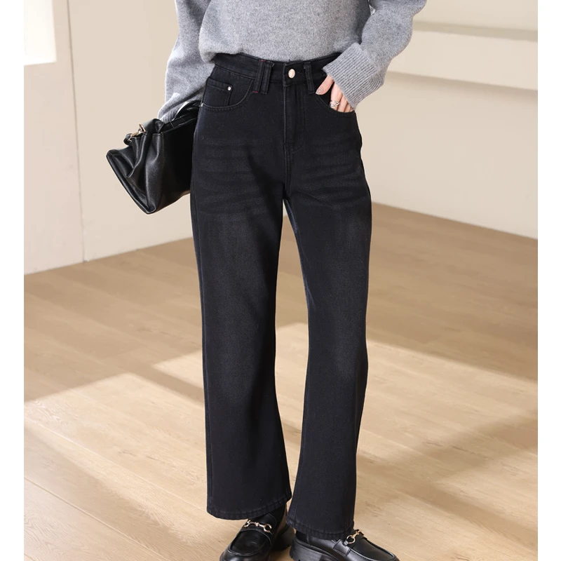 【摩登黑灰】高腰显瘦加绒直筒牛仔裤女秋季窄版阔腿裤子阔腿牛仔