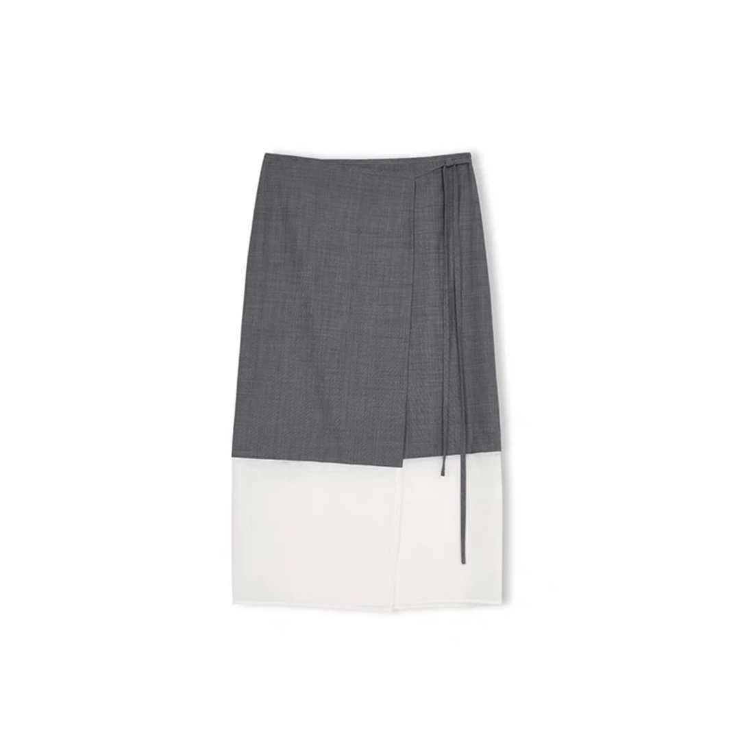 CONCISE-WHITE 简白2024秋季新款绑带拼接长半裙半身裙女设计师