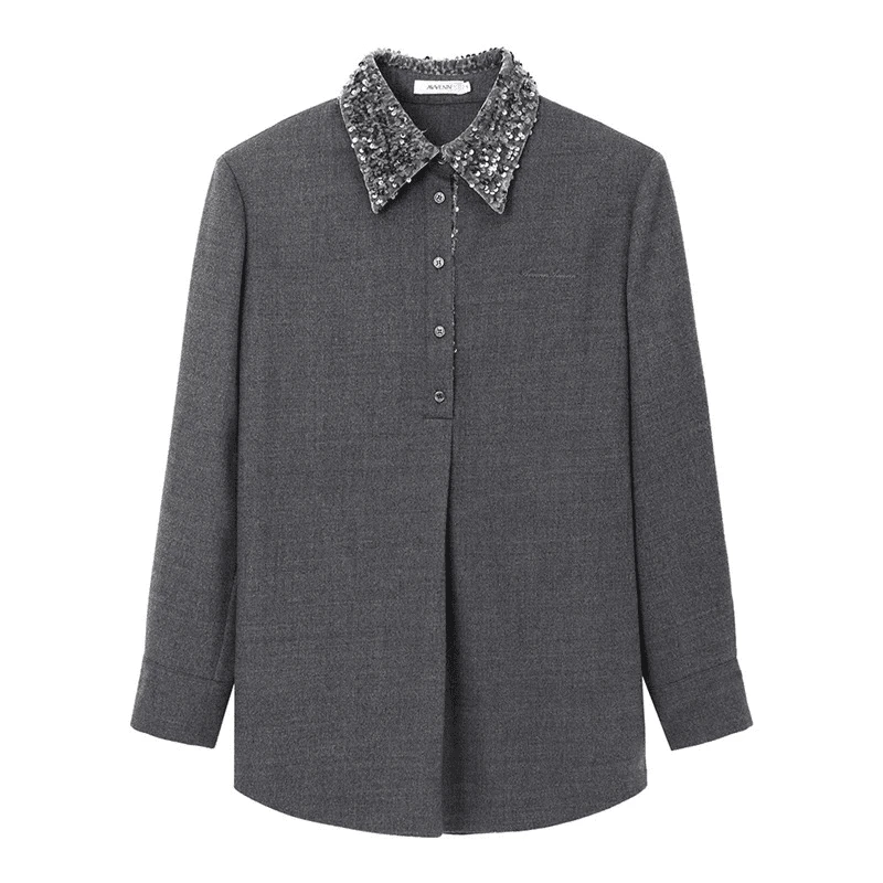 AVVENN 2024 秋冬翻领拼丝绒亮片衬衫立体长袖宽松休闲时尚百搭女