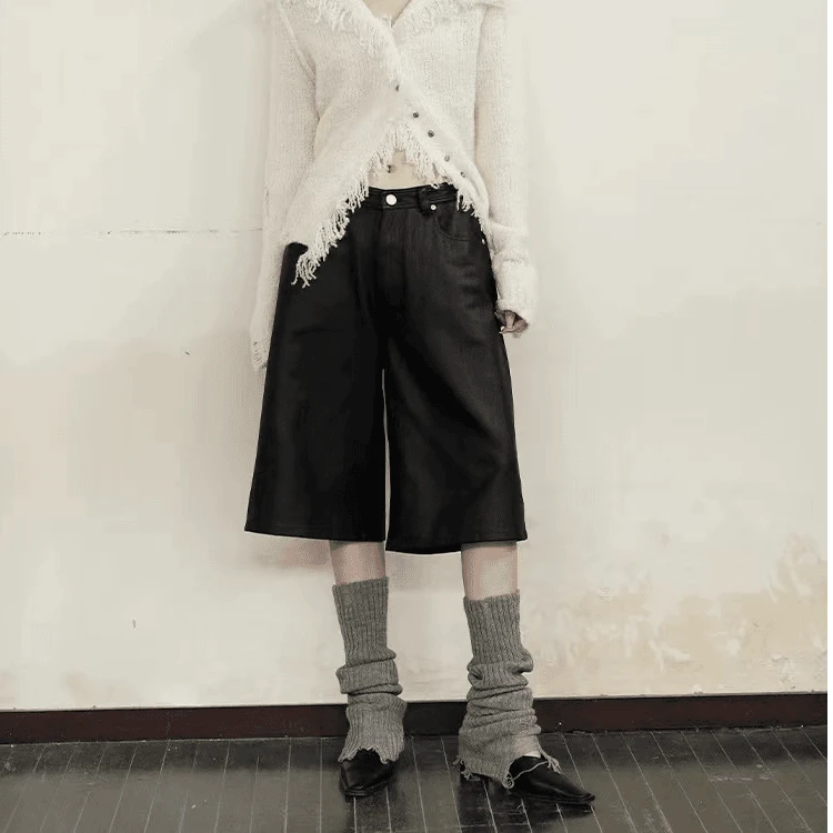 旷臾 EMMUIC 24秋冬黑色涂层牛仔裤六分裤中裤百搭休闲