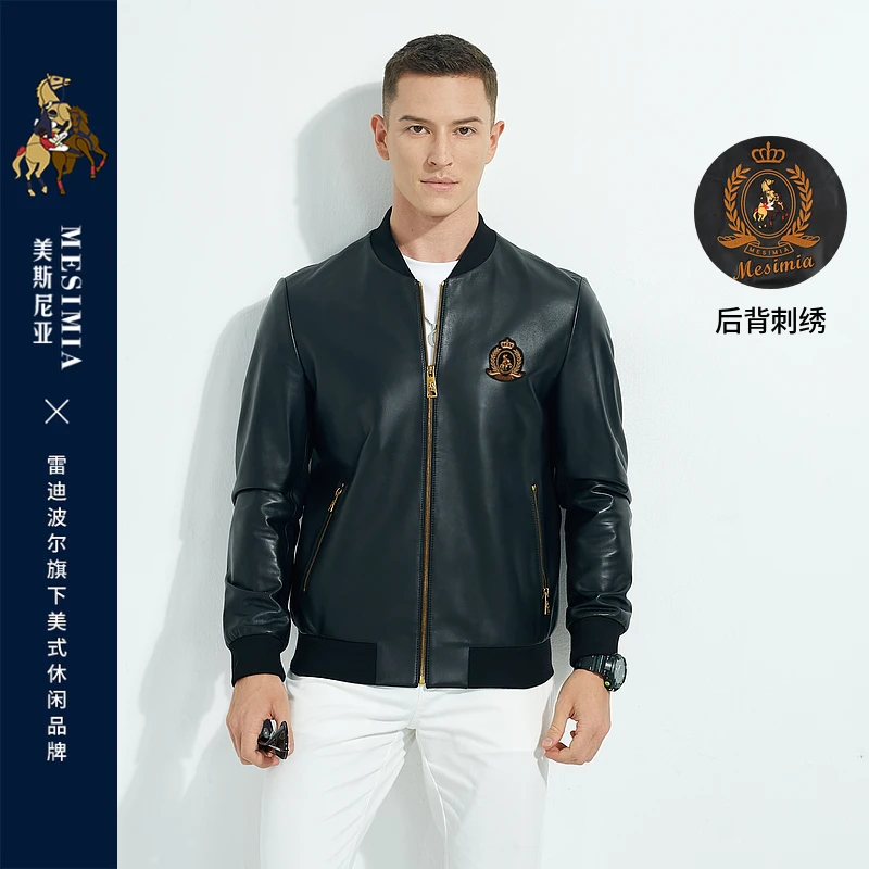 雷迪波尔美斯尼亚男秋冬美式休闲时尚针织棒球领刺绣皮衣2002-70