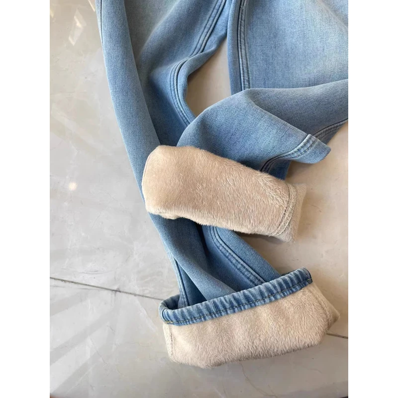 窄版直筒牛仔裤女秋冬季加绒2025新款高腰厚阔腿宽松软牛仔长裤子