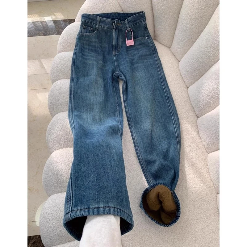 阔腿牛仔裤女宽松直筒裤秋冬季新款复古高腰加绒小个子窄版拖地裤