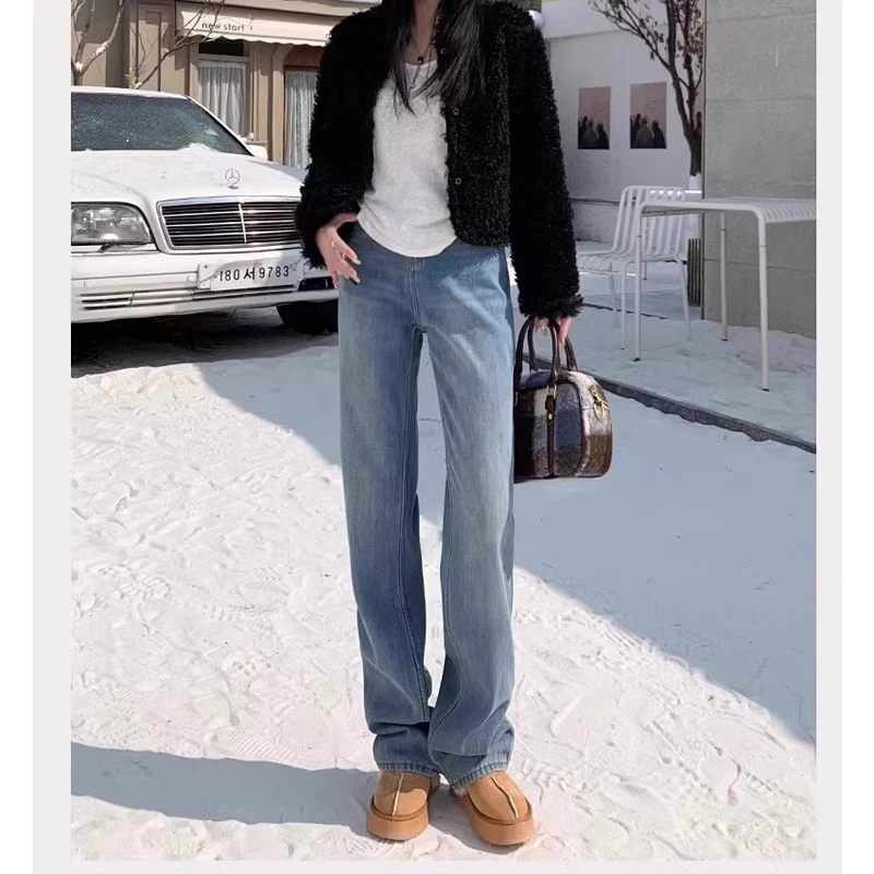 加绒窄版直筒牛仔裤女秋冬季2025新款宽松高腰加厚拖春季阔腿裤子