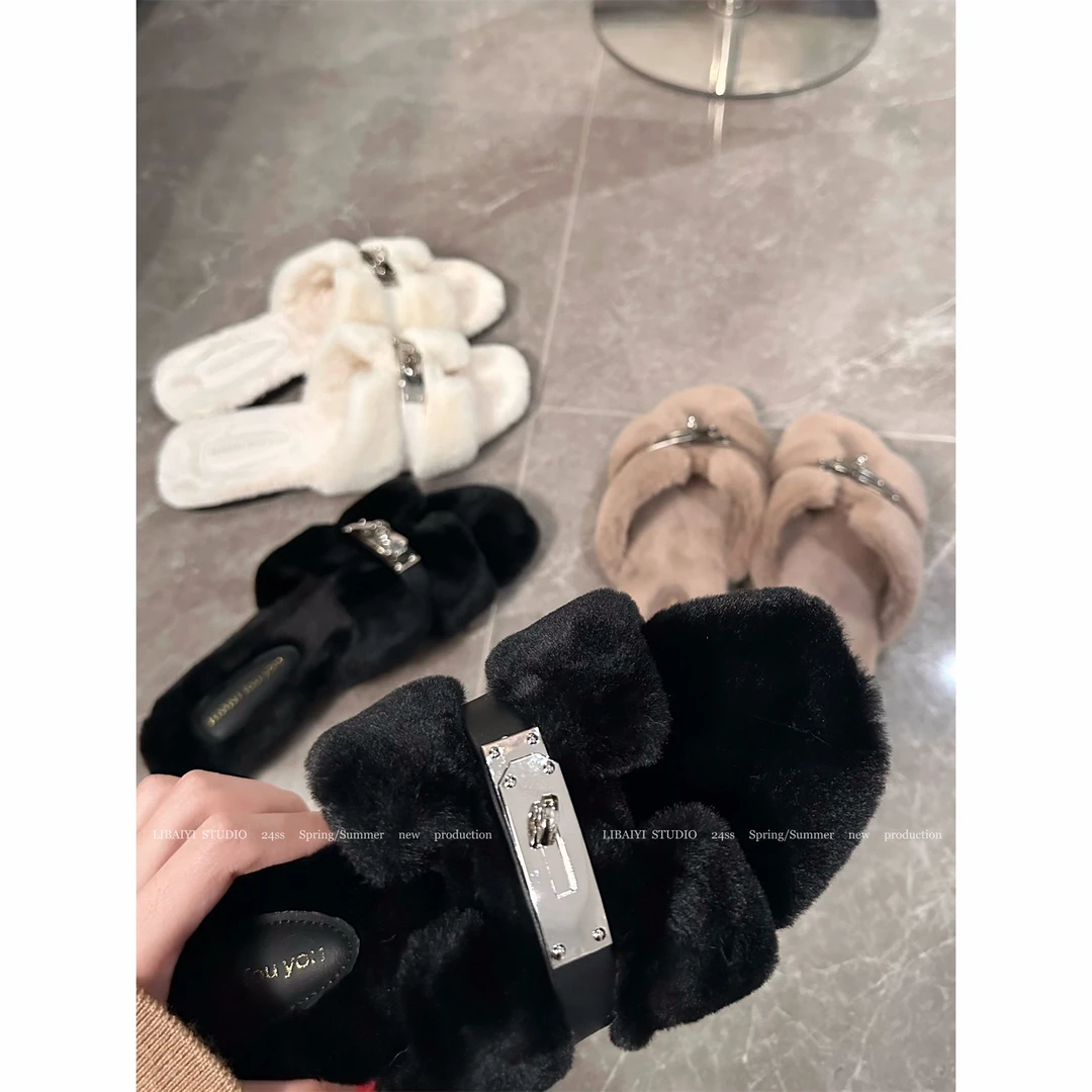LIBAIYI   毛绒绒/2024秋冬新款一字金属锁扣毛毛拖鞋百搭1257