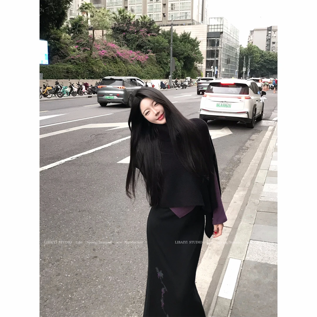 LIBAIYI  加绒显白葡萄紫/秋冬打底罩衫打底上衣+印花半裙1281