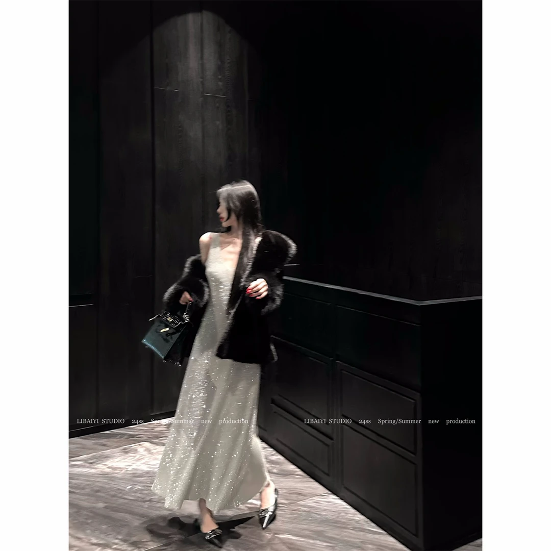 LIBAIYI   重工！满钻鎏光/v领细闪针织烫钻长裙+毛毛翻领外套1318