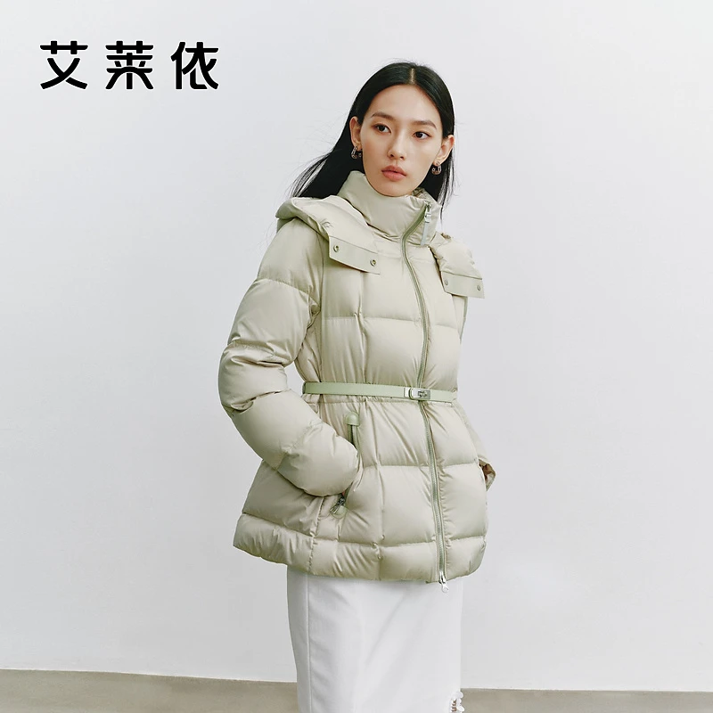 艾莱依拼接收腰羽绒服2024新款冬季时尚百搭连帽保暖厚款外套3180
