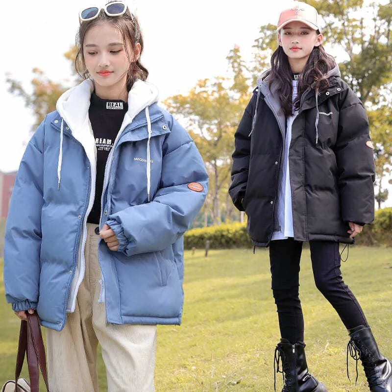 女童羽绒服宽松外套假两件中大童2025新款加厚保暖女孩时尚洋气潮