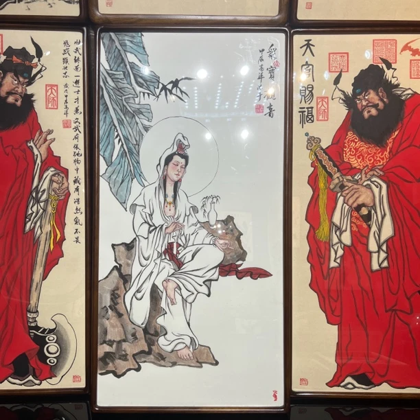 国潮装饰画观音像实木框装裱居家挂画