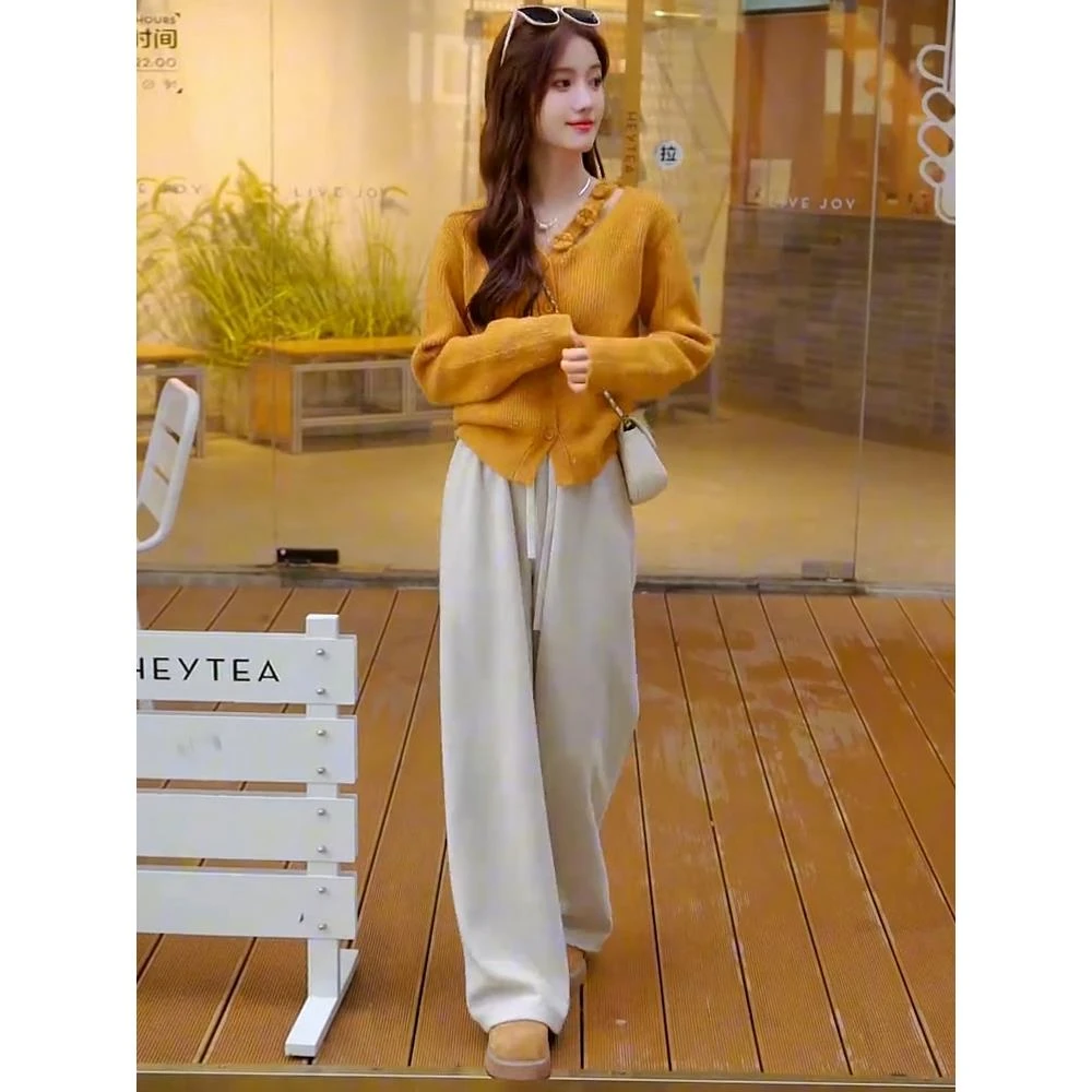 韩系穿搭套装女秋季2024新款小个子慵懒风V领针织衫休闲裤两件套