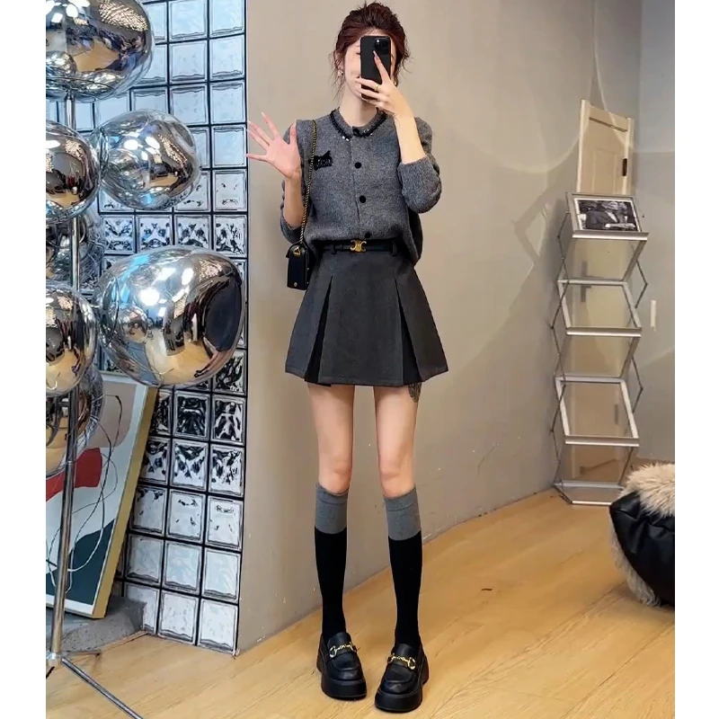休闲时尚套装女秋季2024新款小个子洋气减龄针织开衫半身裙两件套