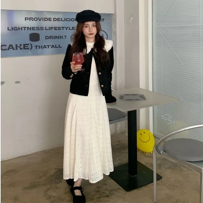 芒岁法式甜美丝绒外套可拆卸领子夹棉长袖短开衫冬