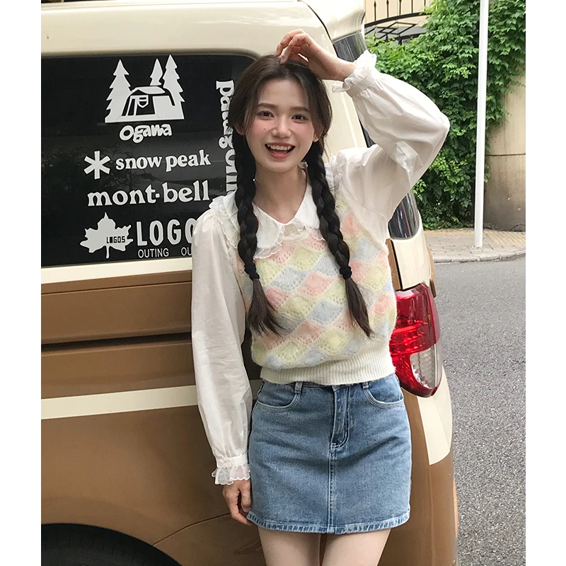 芒岁法式小众套头马甲彩色甜美针织上衣背心设计感薄款秋季