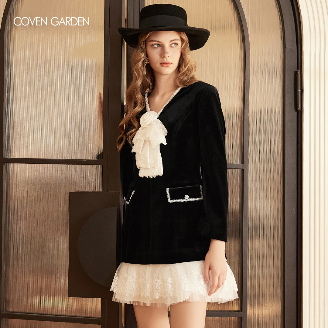 哥文花园 复古黑色丝绒网纱连衣裙 CLA4083010