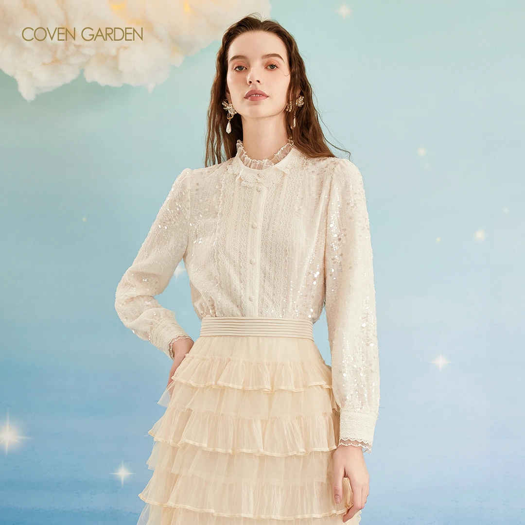 哥文花园 珠片蕾丝雪纺衬衫上衣 CLA4011290
