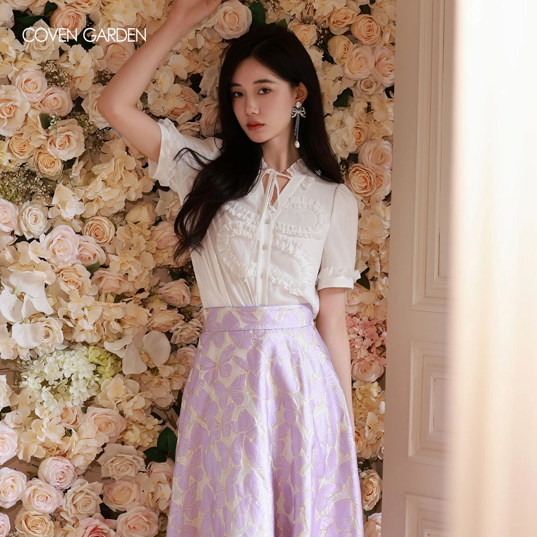 哥文花园 雪纺荷叶边短袖白衬衫 CLA2015220