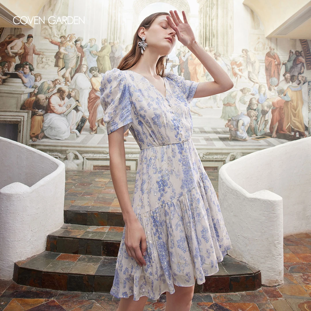 哥文花园 新款紫色印花雪纺法式连衣裙 CTA2084110