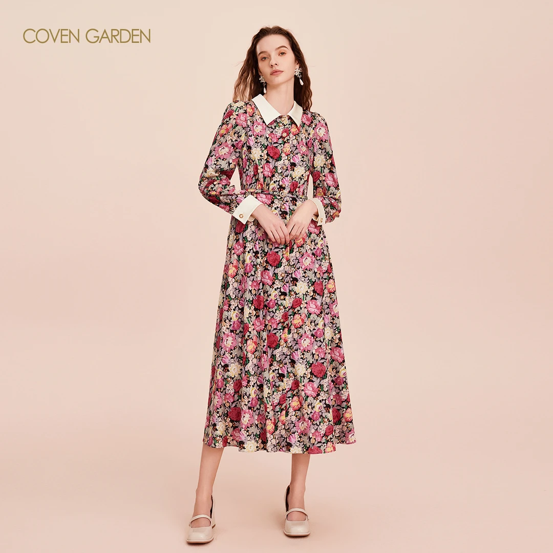 哥文花园 花朵撞色设计精致浪漫显瘦长袖连衣裙 CLC4081178