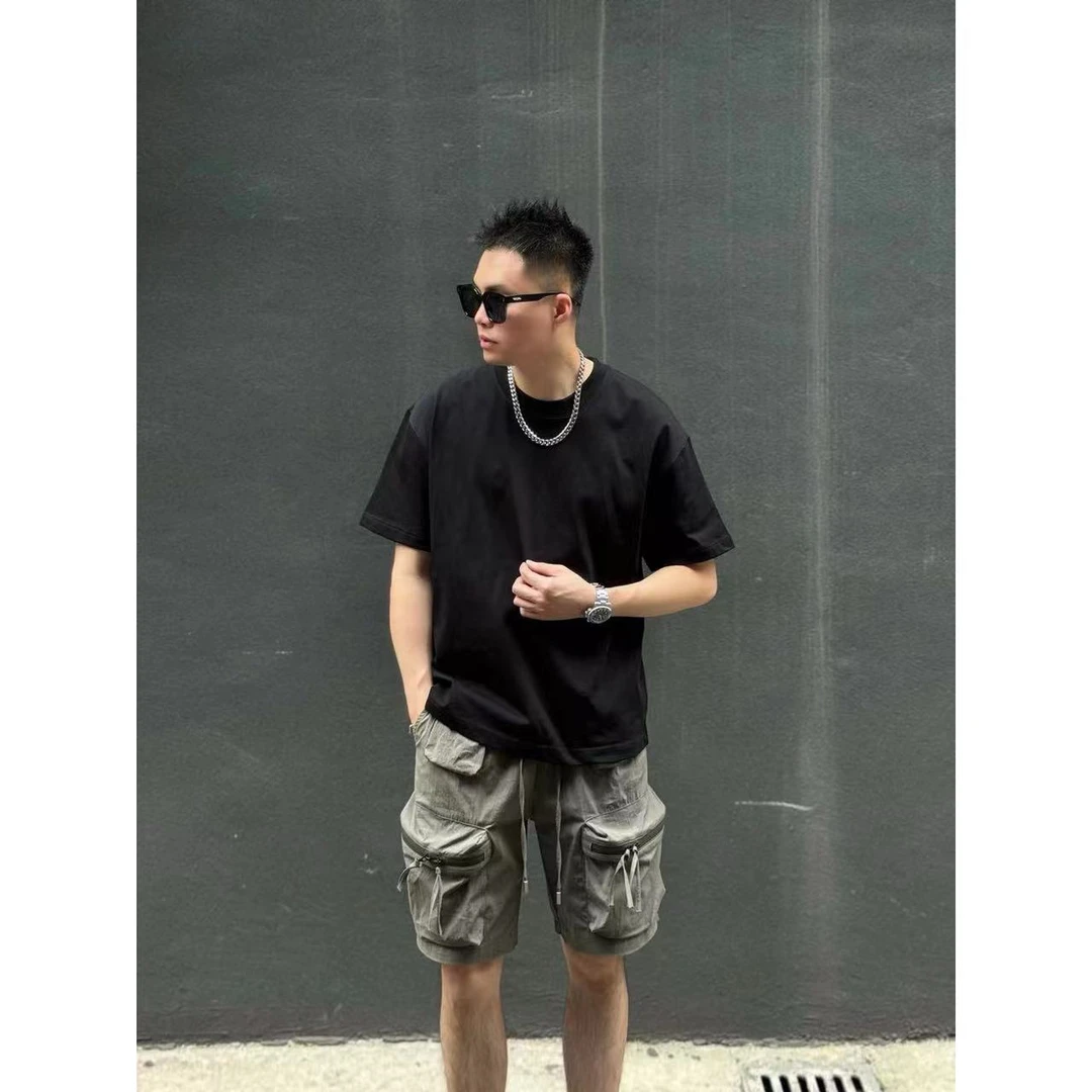 独家岛宽松版260G双纱简约纯棉T恤男夏季小领口休闲百搭基础短袖