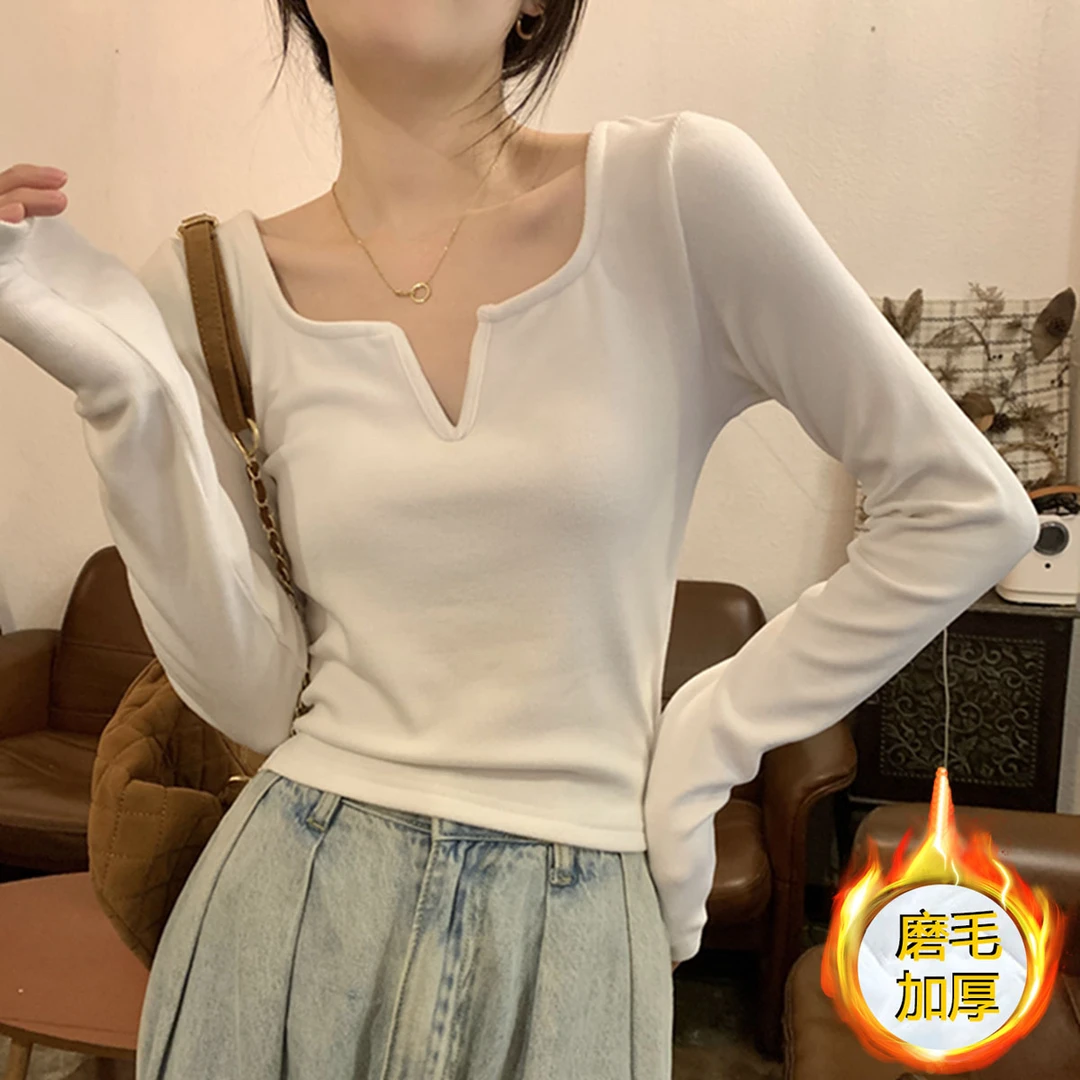 7300#白色磨毛打底衫女内搭长袖t恤女2024修身v领chi短款加厚上衣