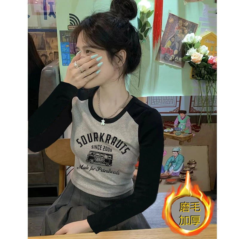 5602#长袖t恤女秋季款甜辣修身上衣小个子复古印花体恤内搭打底衫