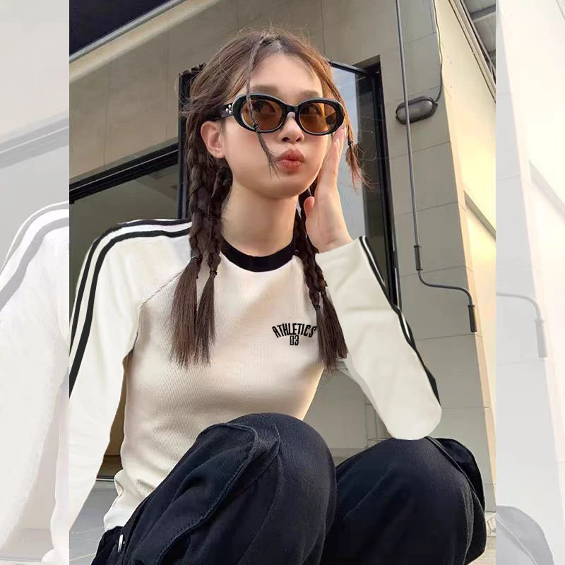 9031#杠条撞色字母绣花时尚洋气修身显瘦长袖T恤女打底衫上衣秋冬