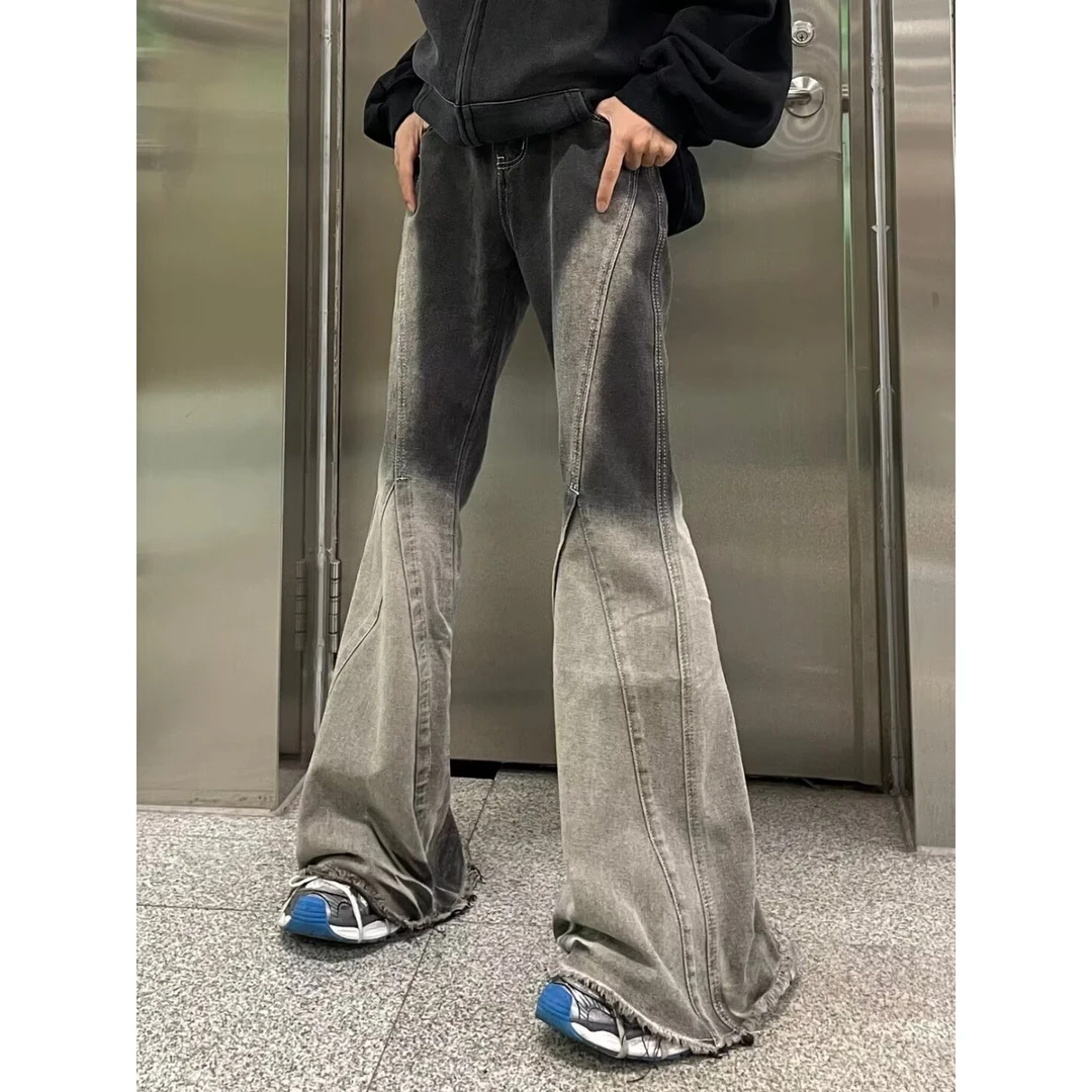 欧美式复古毛边渐变微喇牛仔裤男高街修身vintage喇叭裤百搭宽松