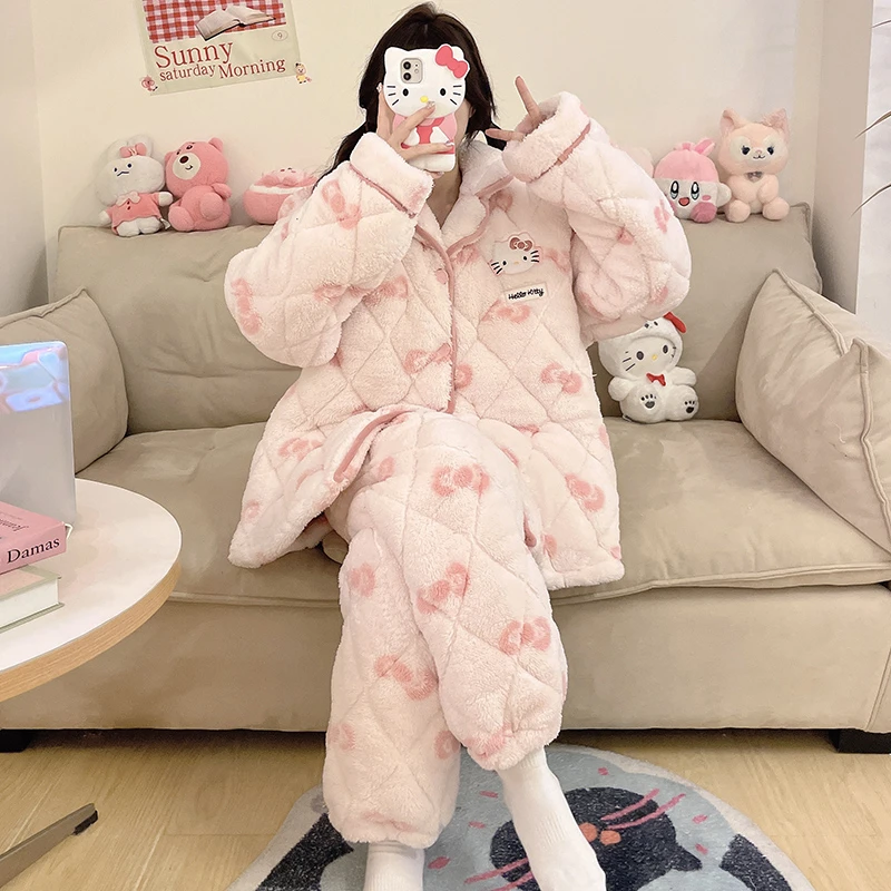 三层夹棉睡衣女秋冬季新款珊瑚绒可外穿加厚加绒保暖家居服套装56