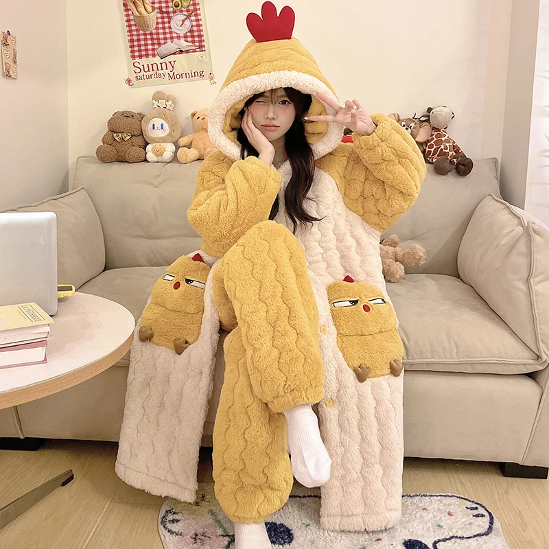 夹棉睡袍女秋冬季新款三层加厚加绒珊瑚绒加长睡衣保暖家居服套装