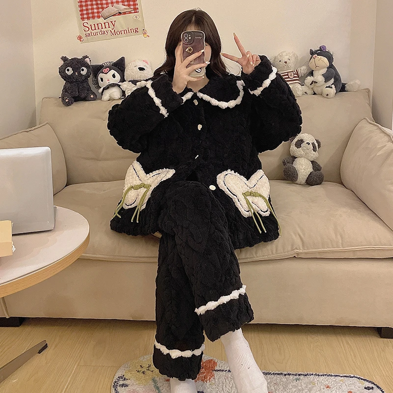 夹棉睡衣女士秋冬季新款三层加厚加绒珊瑚绒保暖家居服套装可外穿