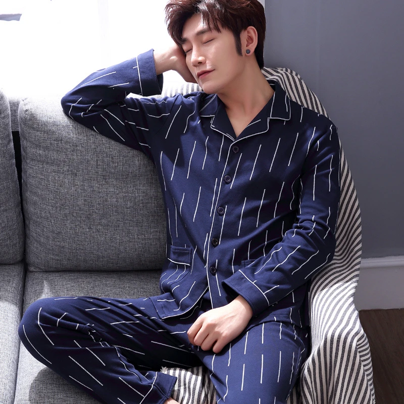 梦依情睡衣男秋纯棉长袖休闲宽松大码男士家居服套装可外穿秋冬季