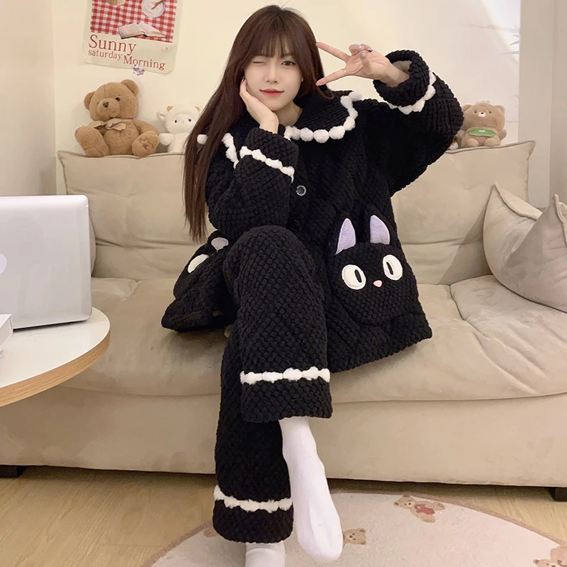 夹棉睡衣女珊瑚绒冬季新款加绒加厚三层棉袄保暖可爱法兰绒家居服