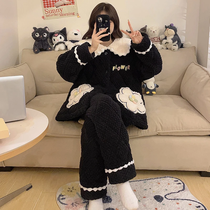 夹棉睡衣女士秋冬季新款三层加厚加绒珊瑚绒保暖家居服套装可外穿