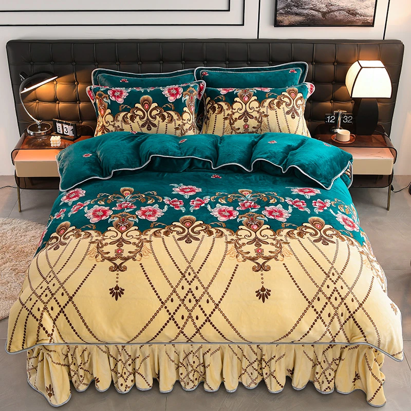 高档轻奢冬季加厚双面加绒牛奶绒四件套不掉毛防静电床裙被套床品