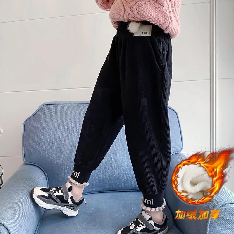 女童水波纹一体绒加绒加厚一条过冬北方棉裤三层夹外穿中大童长裤