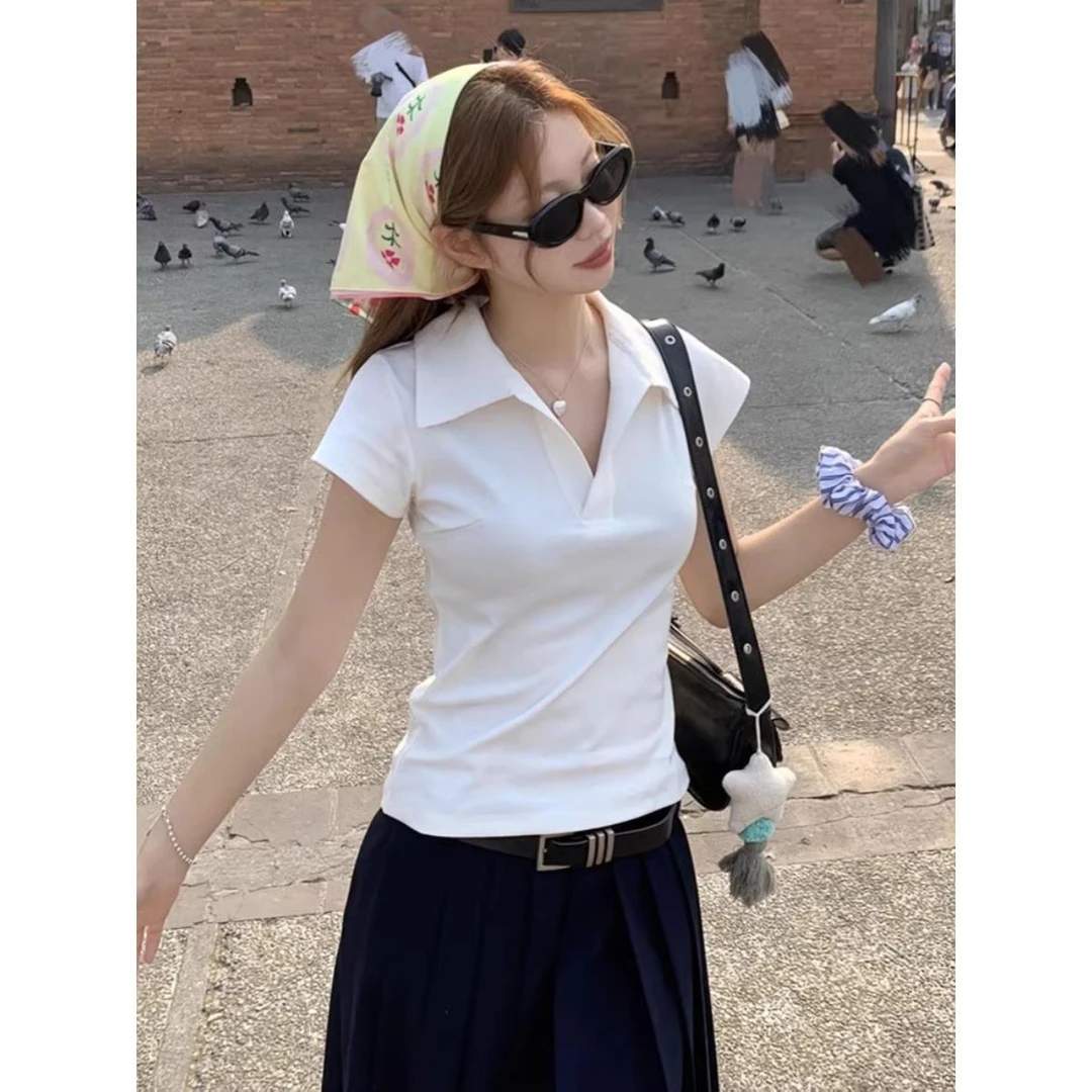 白色polo领短袖t恤女ins爆款正肩螺纹修身百搭气质翻领半袖上衣夏