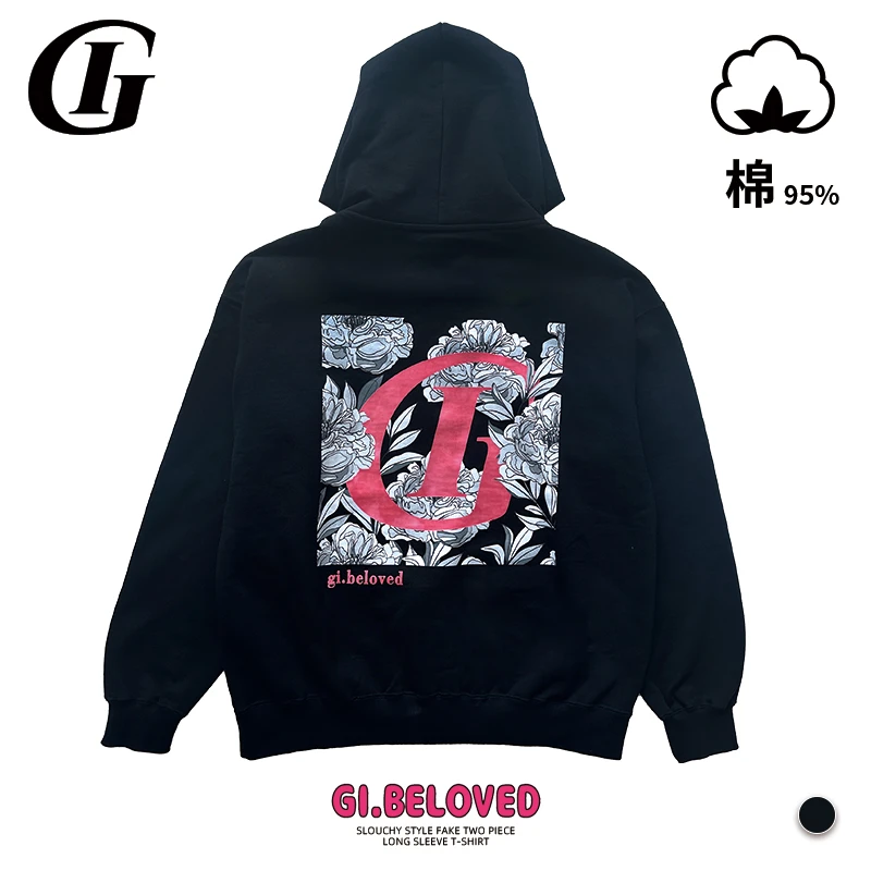 连帽卫衣男士女士 新款潮流春季秋冬休闲宽松印花长袖黑色卫衣