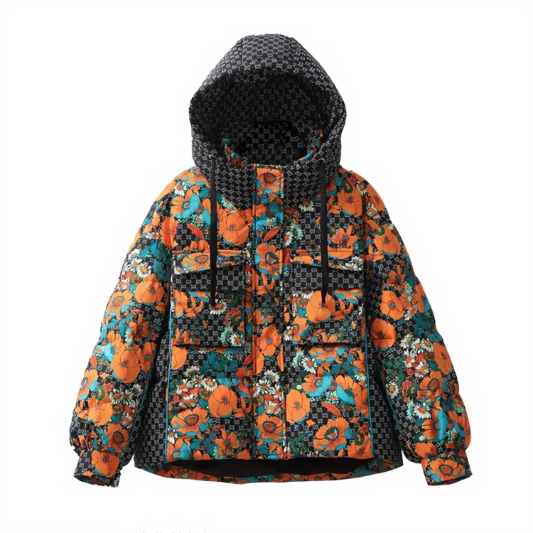 2024冬季新款连帽花色白鸭绒保暖外套撞色潮牌欧洲站羽绒服 X001