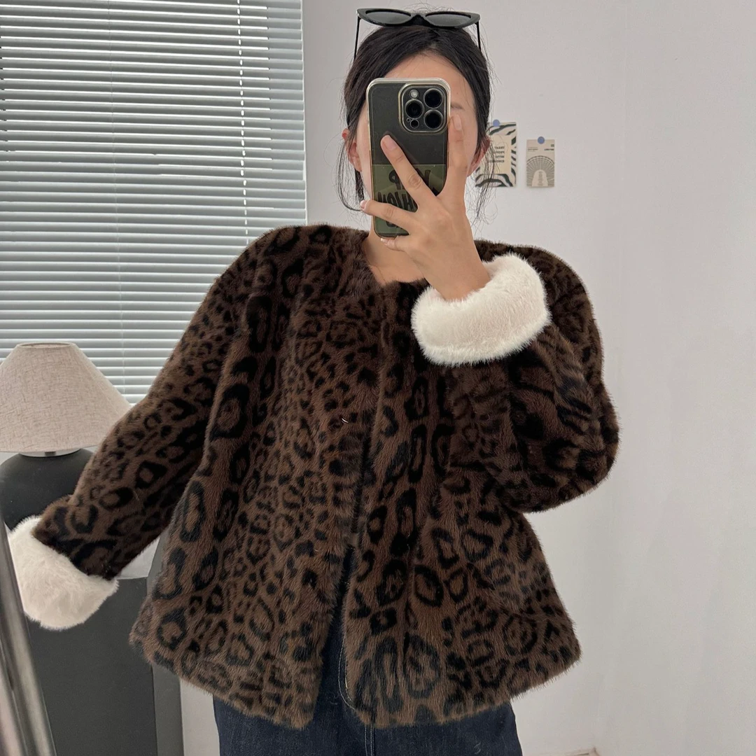 秋冬仿貂毛外套豹纹年轻款环保大衣圆领短款水貂绒外套女