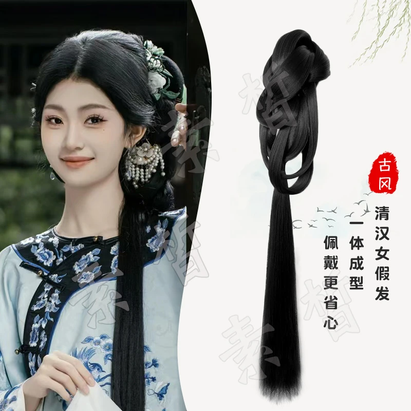 清汉女古装汉服假发古风一体式晚清格格发髻旗袍头饰盘发辫子发包