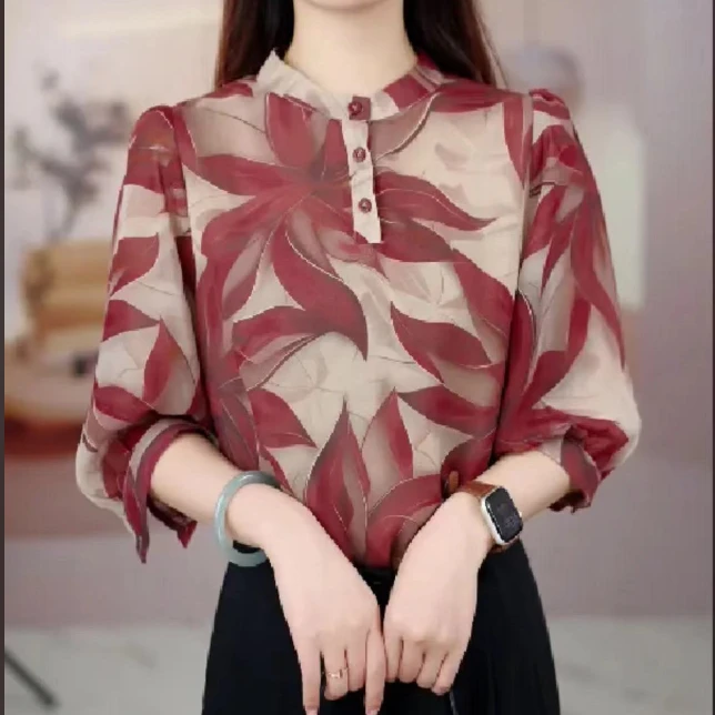 七分袖衬衣2024韩版女士气质夏季春夏印花洋气显瘦小衫